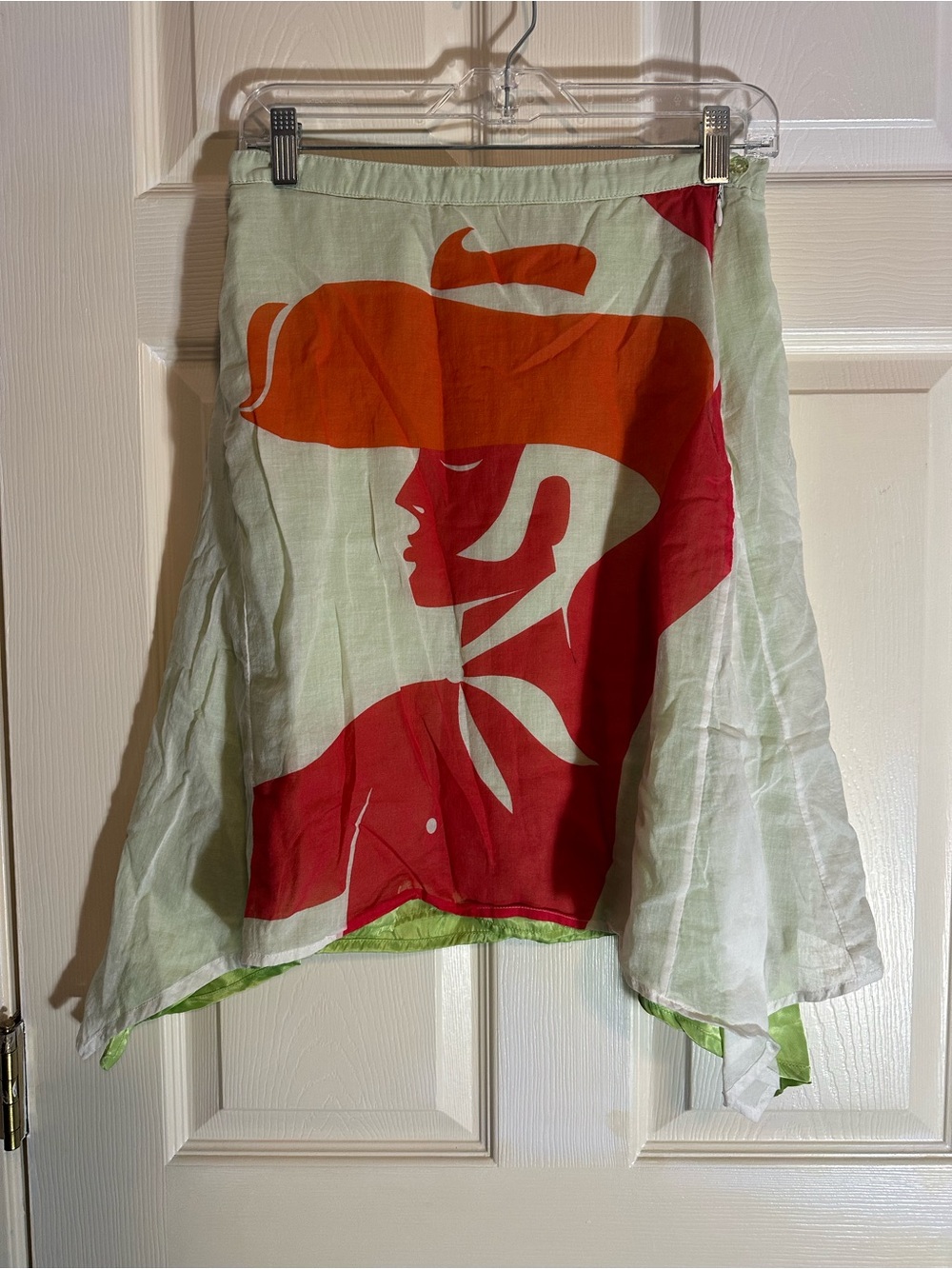 Custo Barcelona Light Green Asymmetrical Skirt with Red & Orange Graphic